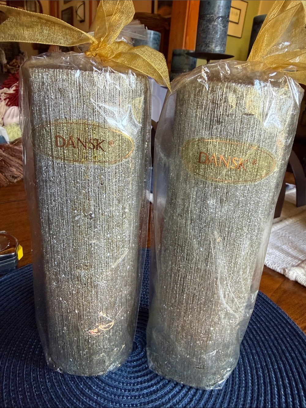 NWT Dansk Dipped Silver Glitter Pillar Candle Pair with Ribbon